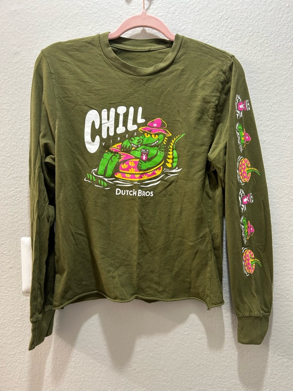 Dutch Bros Olive Green Long-Sleeve 'Chill' Tee with Bright Graphic